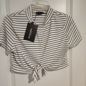 White and Black Striped Tie-Front Top